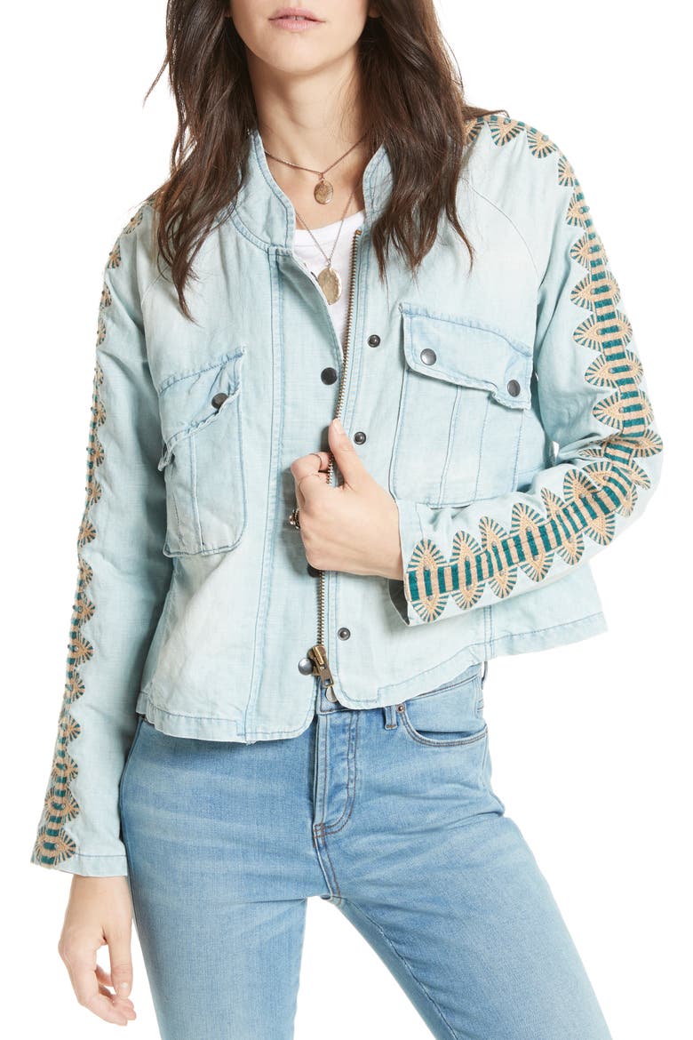 Embroidered Linen & Cotton Jacket, Main, color, BLUE