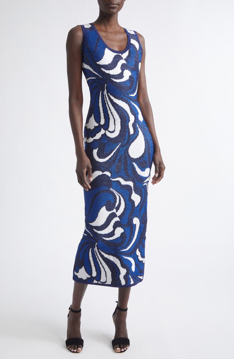 ST. JOHN Lynn Metallic Scroll Jacquard Sweater Dress, Main, color, Midnight/ Cobalt Metallic