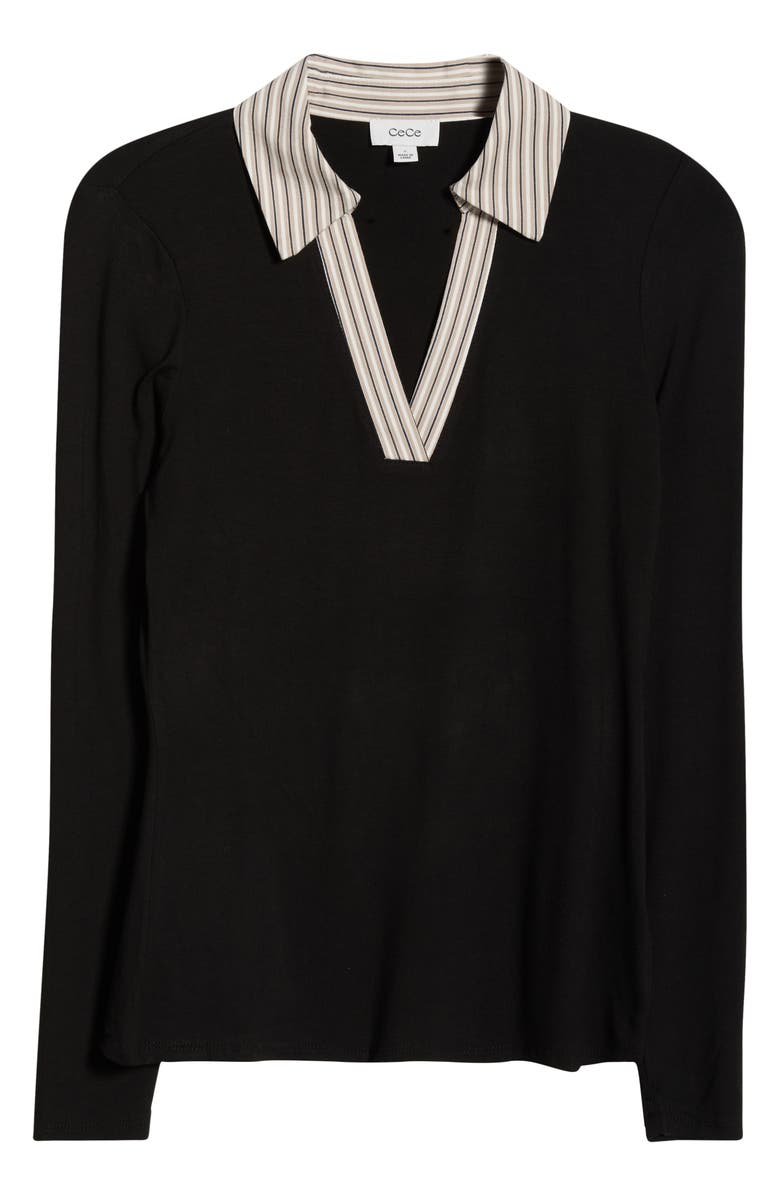 CeCe Mixed Media Long Sleeve Polo, Alternate, color, Rich Black