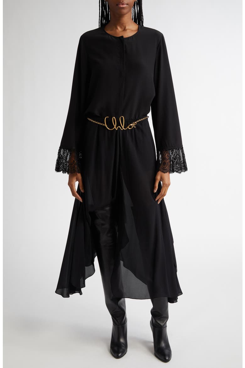 Lace Cuff Silk Crêpe de Chine Shirt, Alternate, color, BLACK