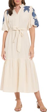 London Times Embroidered Bubble Sleeve Maxi Dress