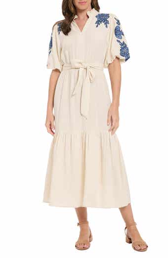 London Times Embroidered Bubble Sleeve Maxi Dress