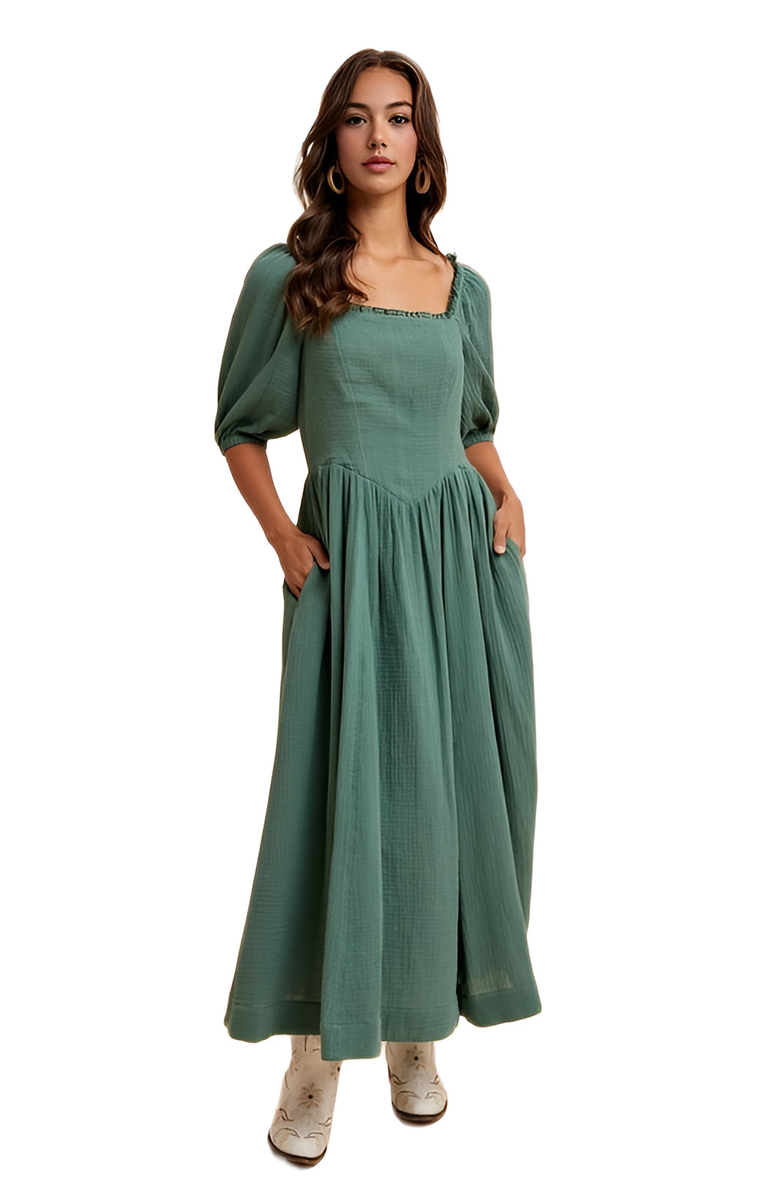 Knit and Lounge Square-Neck Puff Sleeve Midi Dress, Main, color, 