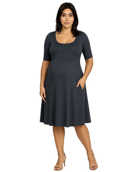 24seven Comfort Apparel Maternity Knee Length A-line Elbow Sleeve Dress In Gray