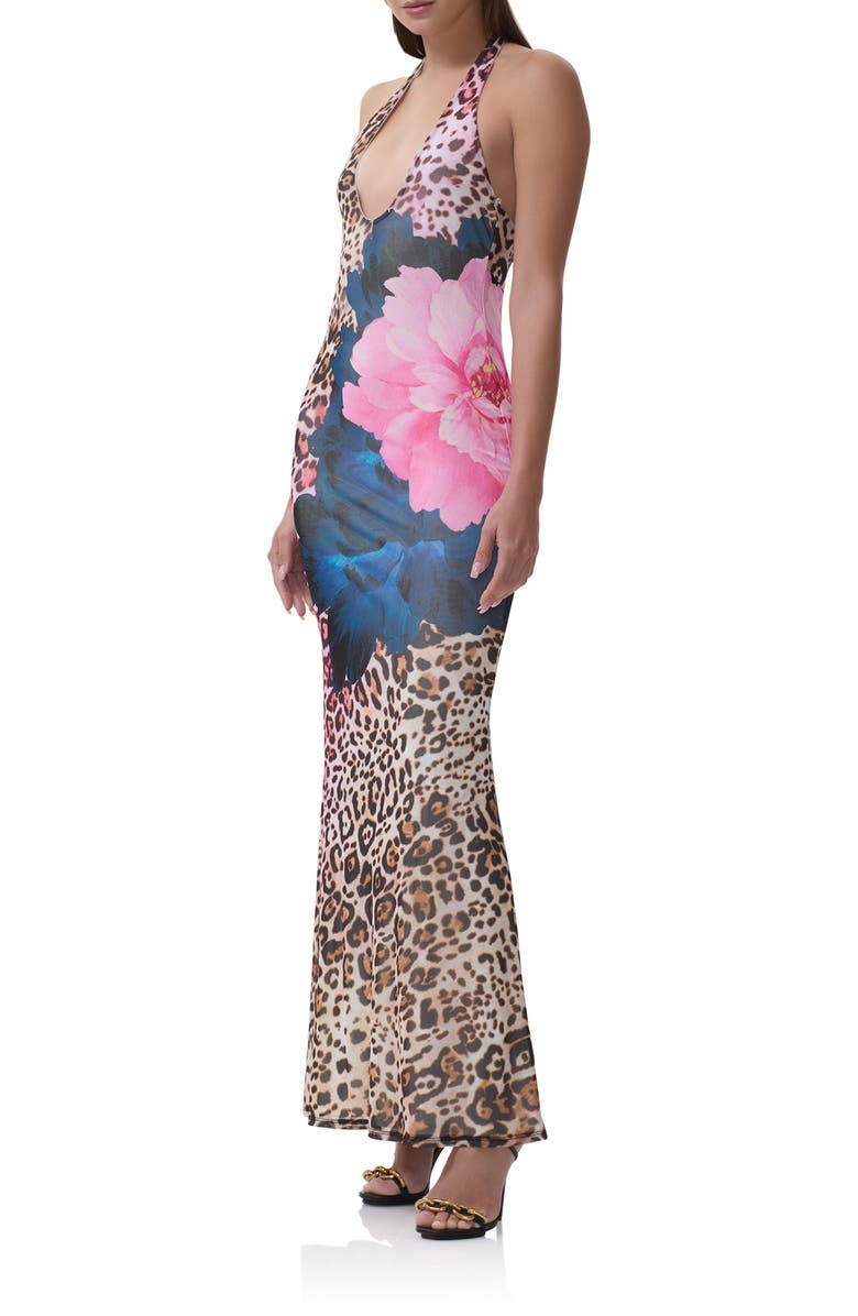 AFRM Paisleigh Mixed Print Halter Neck Maxi Dress, Alternate, color, Animal Block Peony
