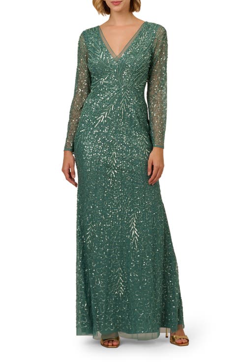 Beaded Long Sleeve Column Gown