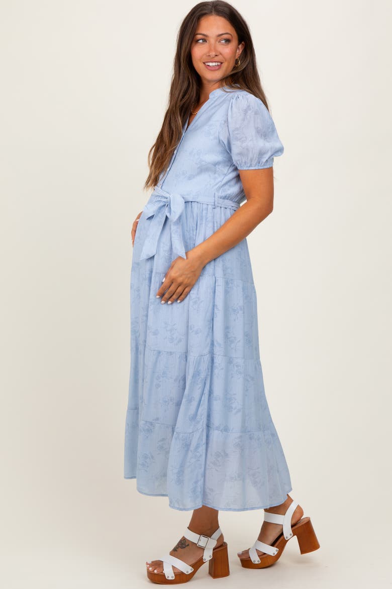 Blue Split Neckline Tiered Midi Dress, Alternate, color, Light Blue