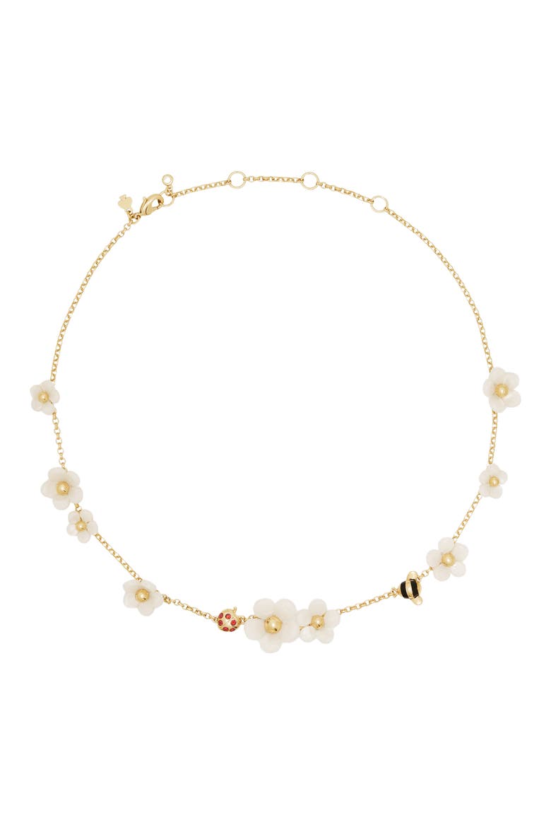 summer daze pavé crystal bug & flower scatter necklace, Main, color, WHITE