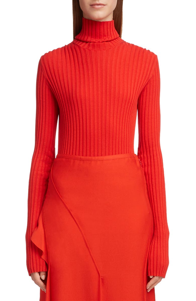Victoria Beckham Gathered Sleeve Rib Knit Turtleneck Sweater, Main, color, 