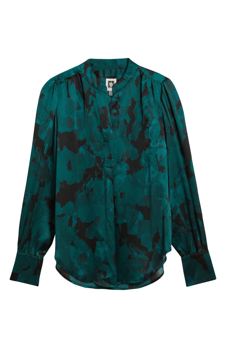 Anne Klein Pleated Print Split Neck Top, Alternate, color, Pine Forest Multi