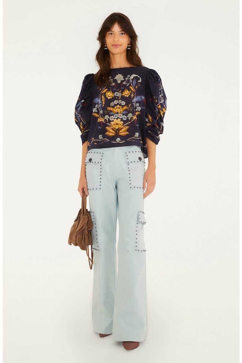 Golden Nature 3D Floral Picot Trim Top, Alternate, color, GOLDEN NATURE NAVY B
