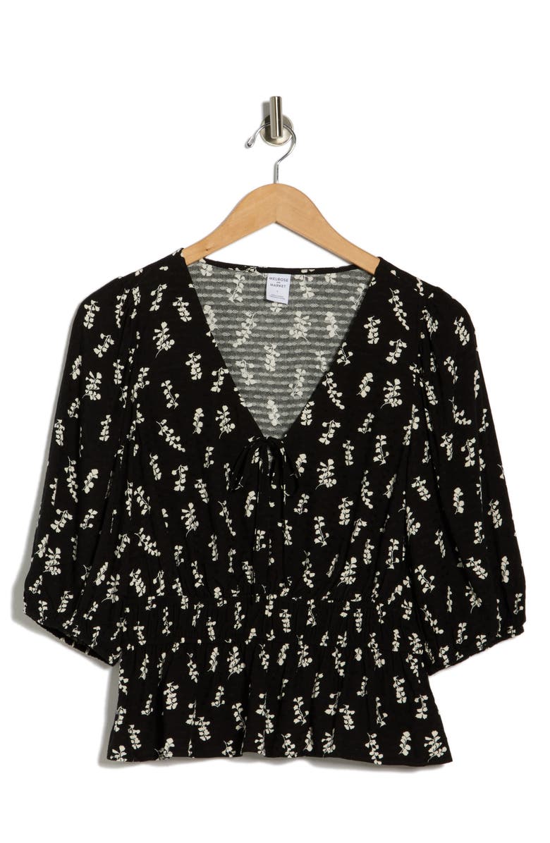 Melrose and Market Floral Smocked Peplum Top, Alternate, color, Black- Ivory Maisie Leaves