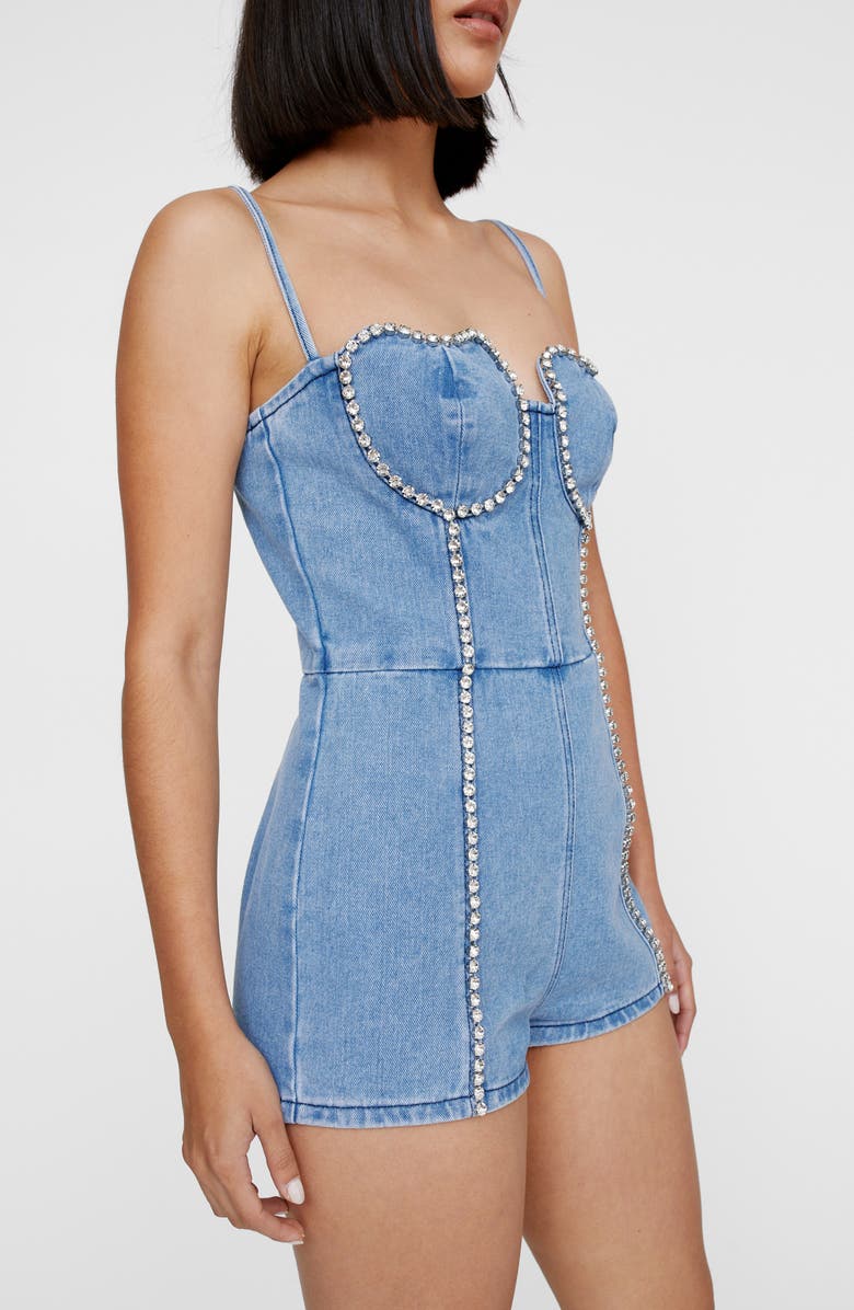 NASTY GAL Heart Embellished Bustier Denim Romper, Alternate, color, 