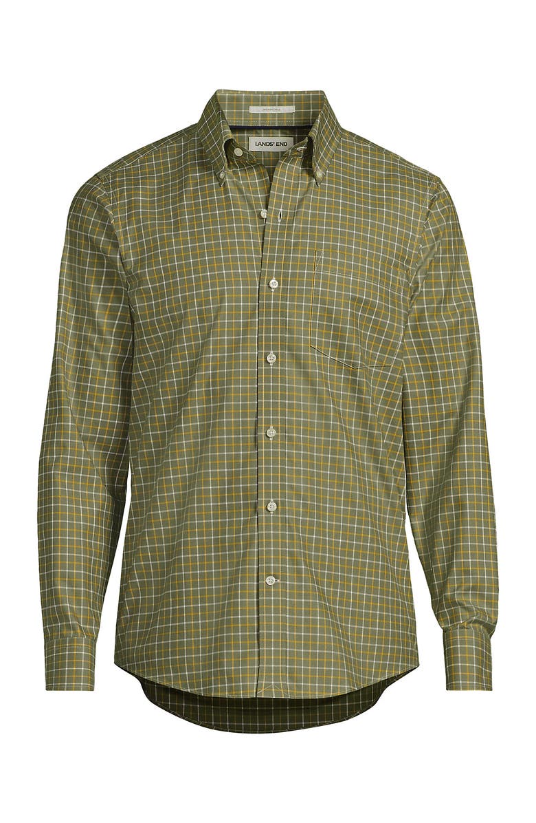 Lands' End Tailored Fit No Iron Twill Long Sleeve Shirt, Alternate, color, River Stone Green/Gold Plaid