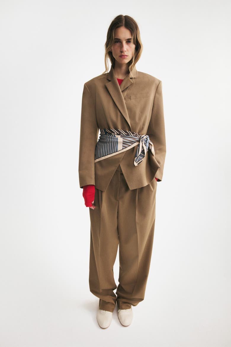 Defined-Waist Double-Breasted Blazer, Alternate, color, Dark beige