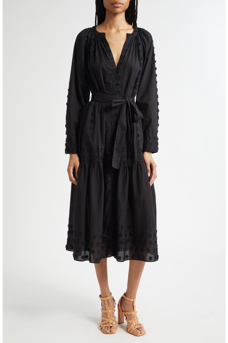 Emera Embroidered Tie Waist Long Sleeve Midi Dress, Main, color, NOIR