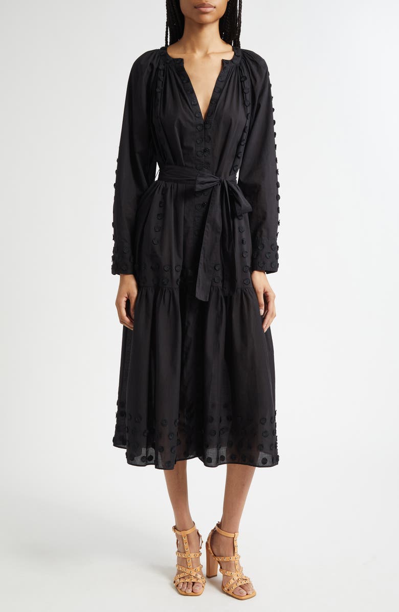 Ulla Johnson Emera Embroidered Tie Waist Long Sleeve Midi Dress, Main, color, Noir