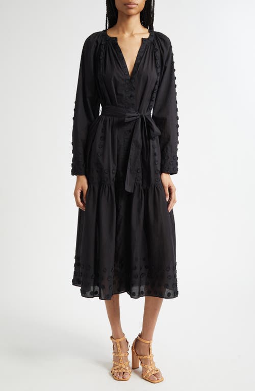 Ulla Johnson Emera Embroidered Tie Waist Long Sleeve Midi Dress In Black