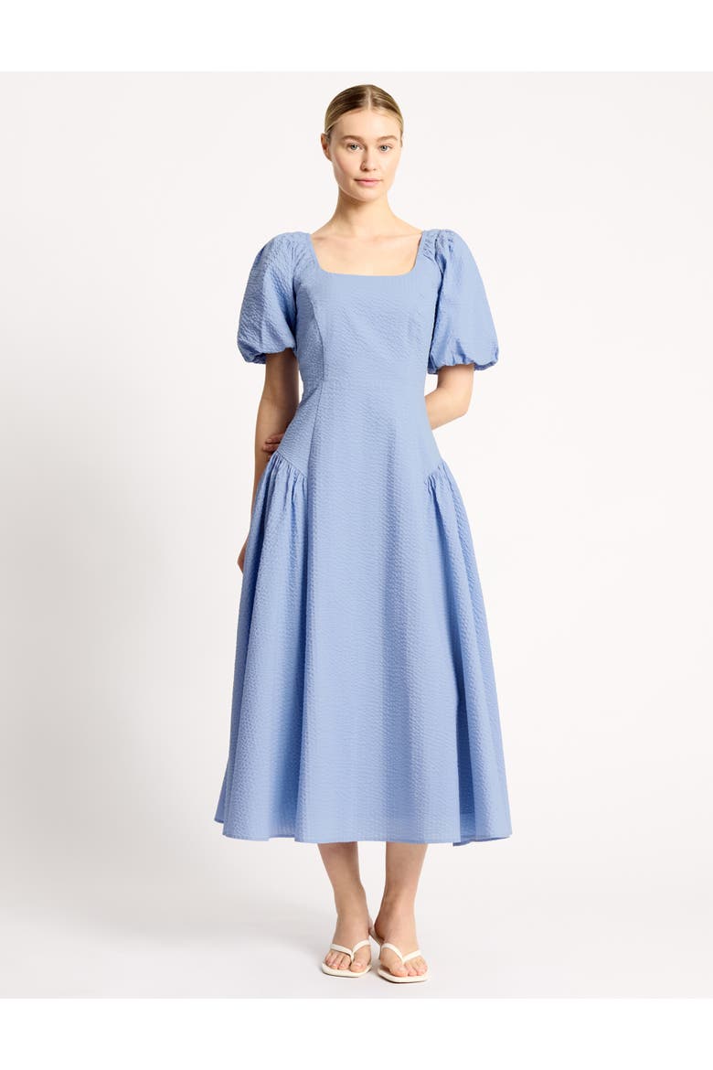 Seersucker Square Neck Tiered Midi Dress, Main, color, Blue