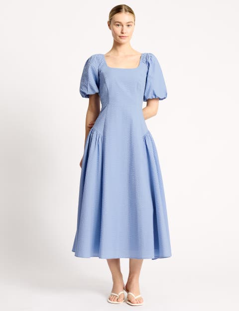 Seersucker Square Neck Tiered Midi Dress