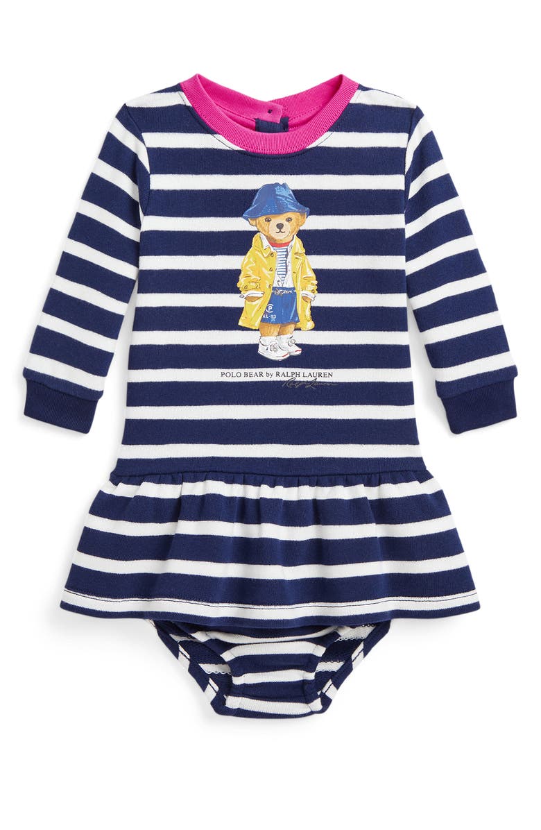 Ralph Lauren Polo Bear Stripe Long Sleeve Graphic Dress & Bloomers, Main, color, 