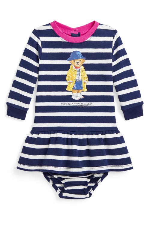 Polo Ralph Lauren Ralph Lauren Polo Bear Stripe Long Sleeve Graphic Dress & Bloomers In Newport Navy/paper White Strp