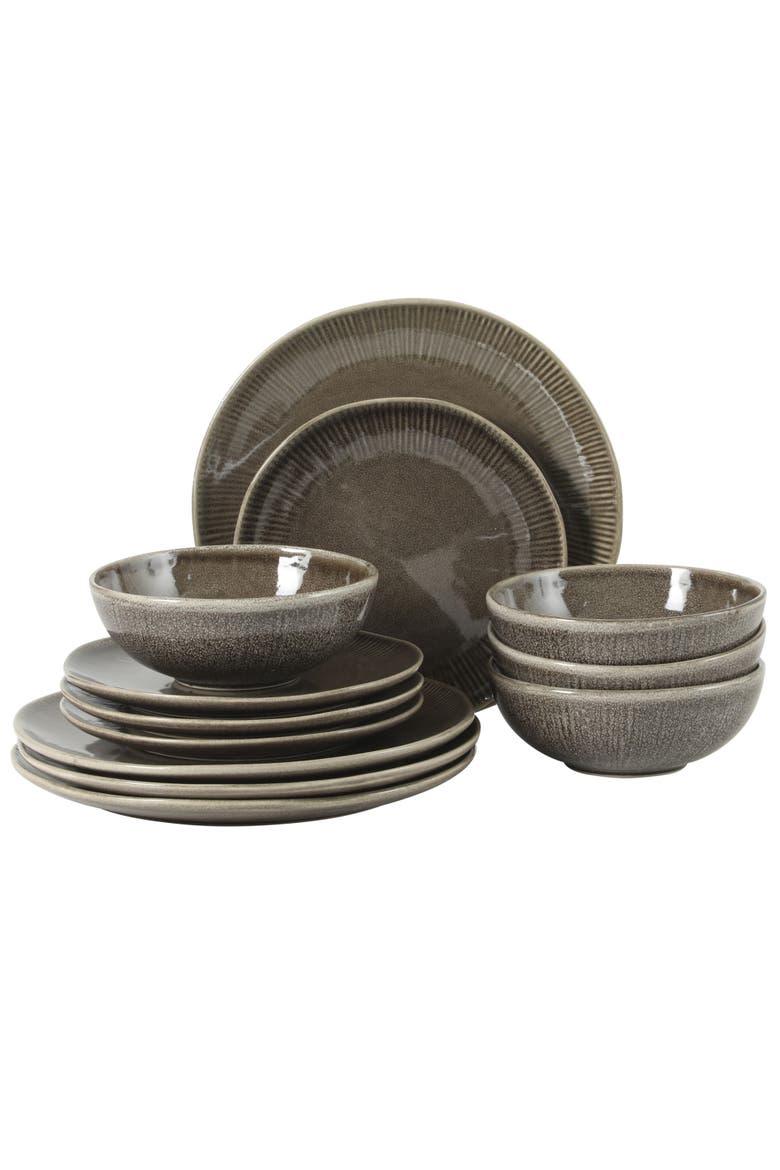 Sandy Pines Stoneware Plates and Bowls Set - Reactive Glaze Dinnerware Set, Main, color, Brown