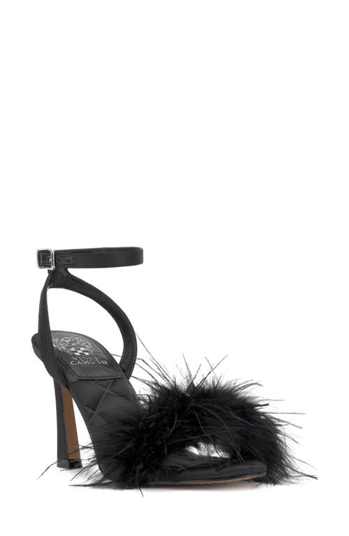 Vince Camuto Penely Ankle Strap Sandal In Black Satin Party Feathers