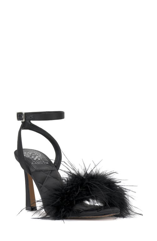 Vince Camuto Penely Ankle Strap Sandal in Black Satin Party Feathers 