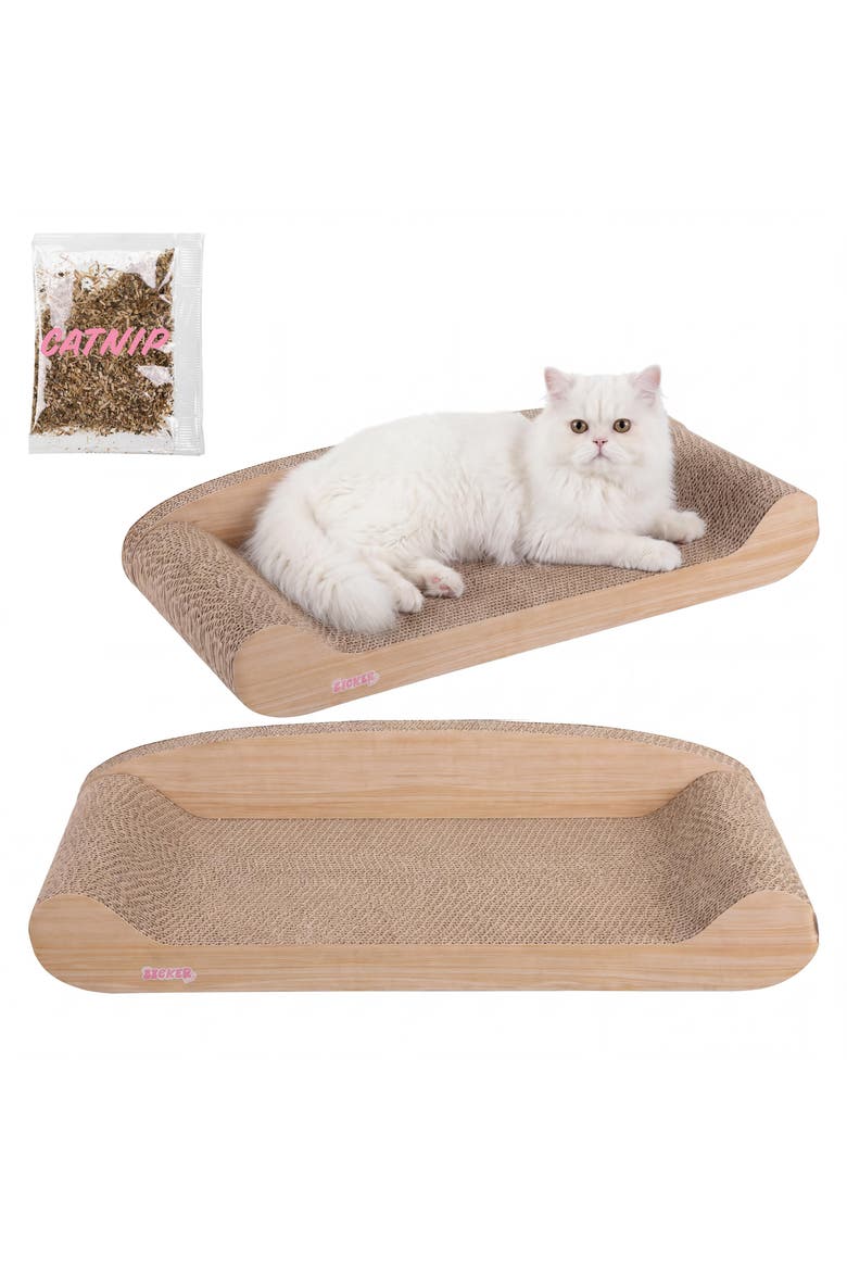 Montego Coastal Patterned Cardboard Lounge Bed Cat Scratcher with Catnip, Main, color, Oak Wood Finish