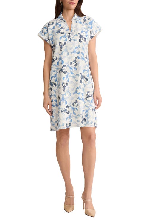 Print Short Sleeve Linen Blend Shift Dress (Petite)