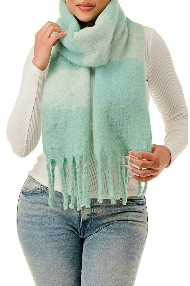 Colorblock Check Fringe Scarf, Main, color, AQUA