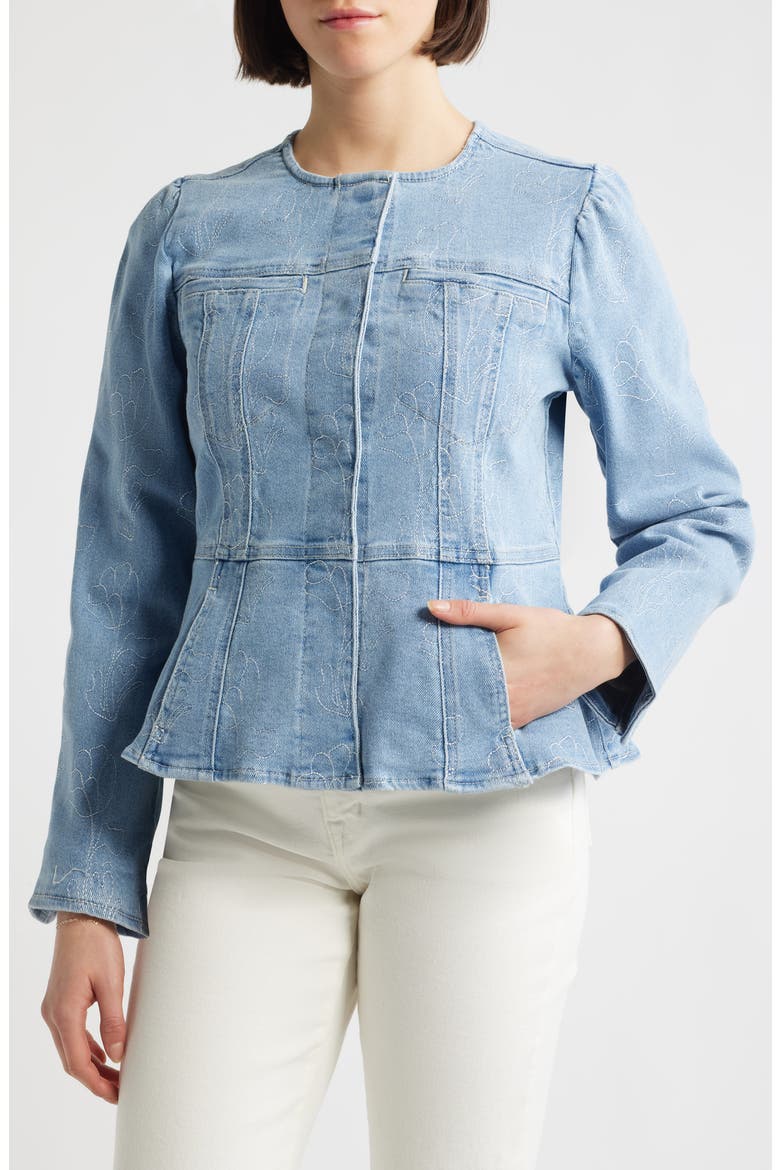 Embroidered Peplum Denim Jacket, Alternate, color, LIGHT BLUE