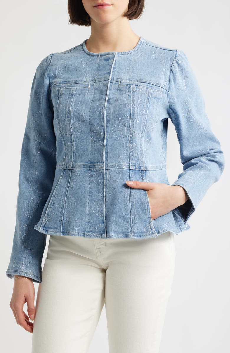 Wit & Wisdom Embroidered Peplum Denim Jacket, Alternate, color, Light Blue