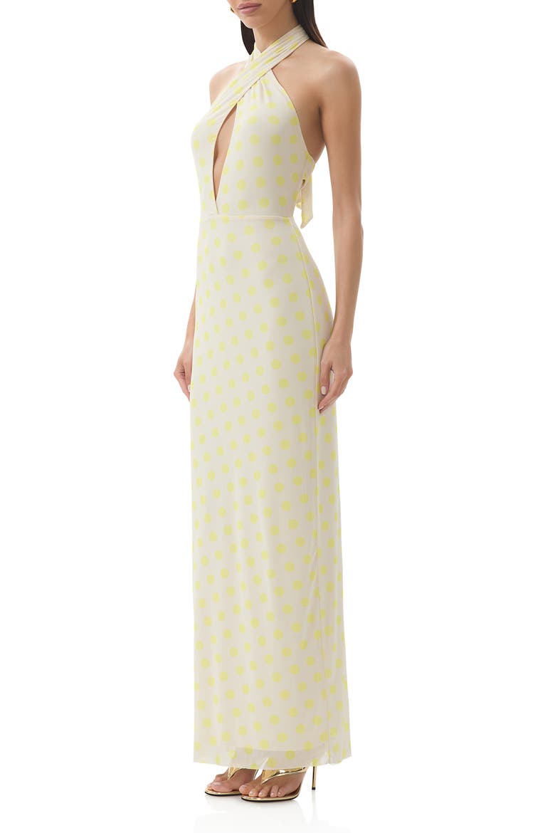Genie Yellow Polka Dot Cutout Mesh Halter Maxi Dress, Alternate, color, SUN DOT
