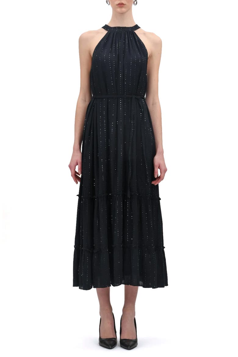 Moonlit Halter Neck Tiered Cotton Maxi Dress, Main, color, BLACK