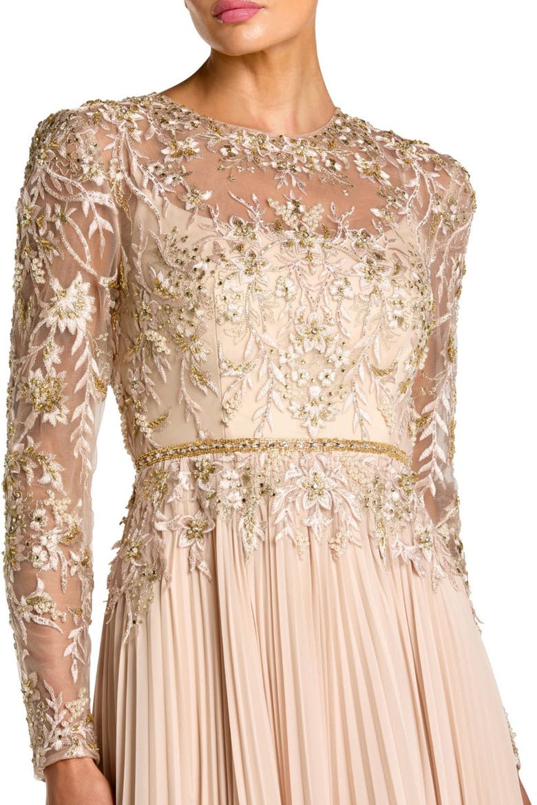 Petite Long Sleeve Chiffon Embellished Gown, Alternate, color, Taupe
