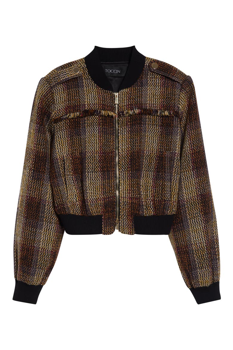 Pierce Fringe Detail Tweed Bomber Jacket, Alternate, color, FIG MULTI