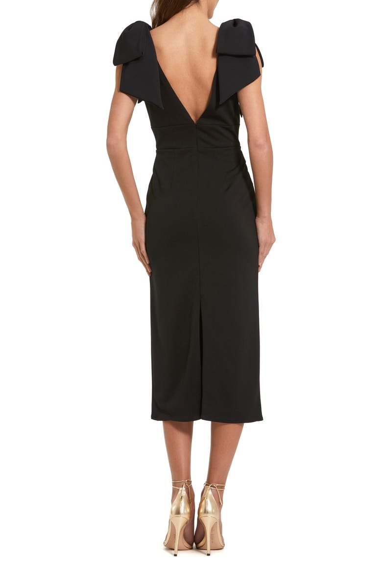 Petite Statement Bow Shoulder Crepe Midi Dress, Alternate, color, Black