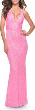 La Femme Sequin Stretch Long Prom Dress with Banded Waist in Neon