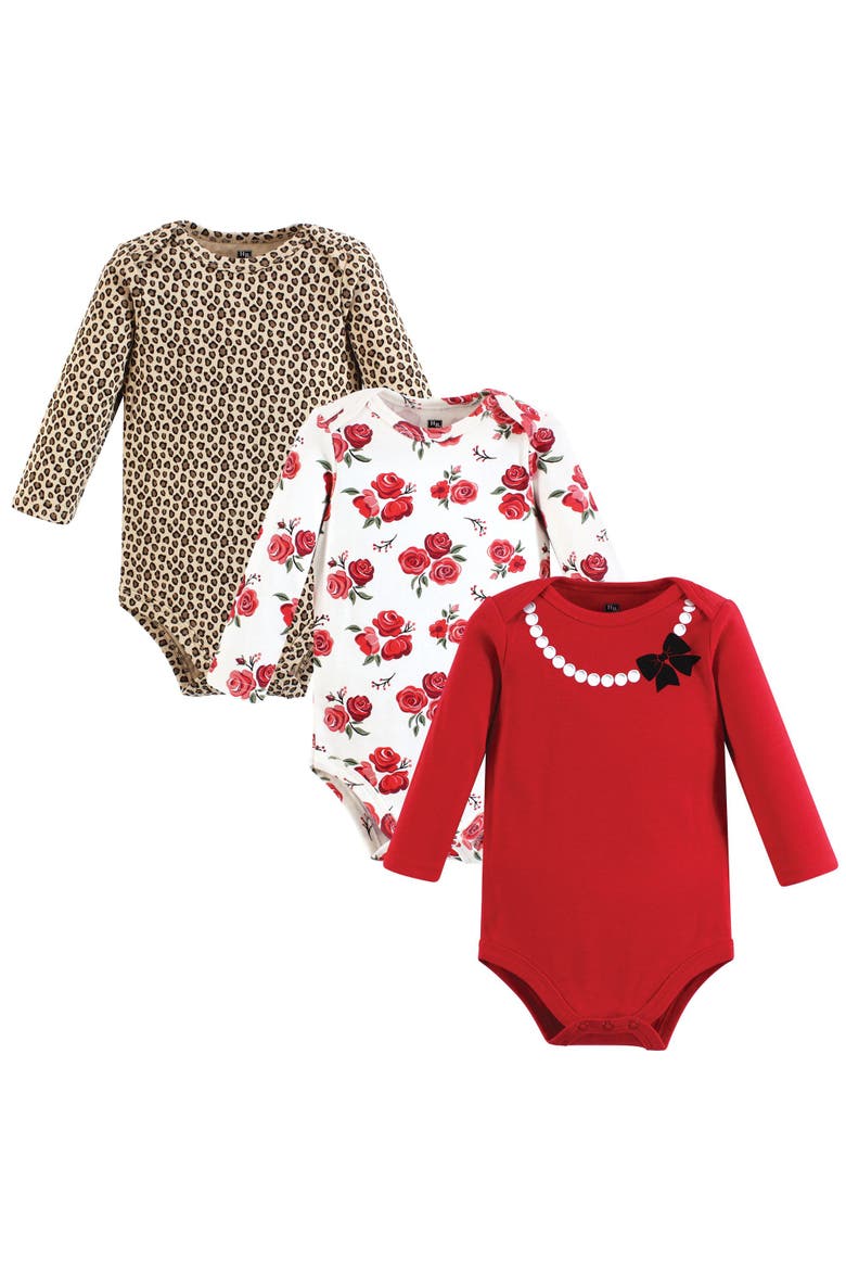 Essential All-Cotton Long-Sleeve Bodysuit Three-Piece Pack, Main, color, Red Rose Leopard