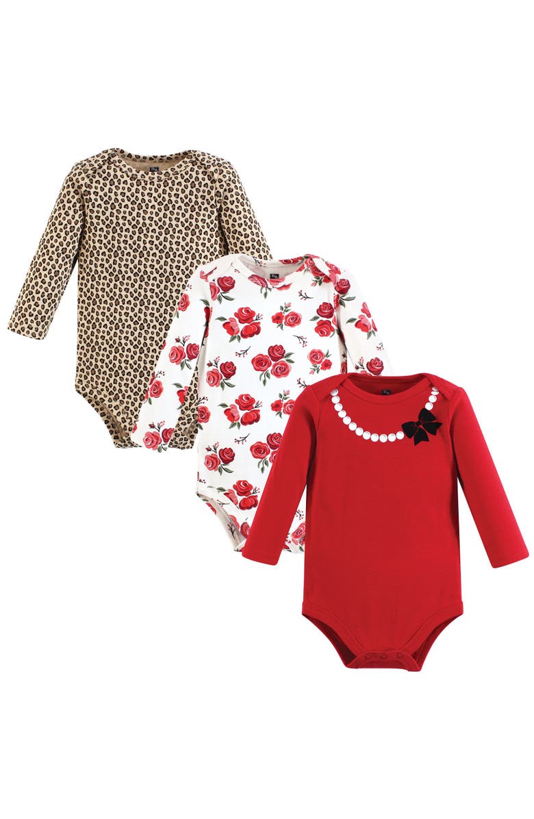 Hudson Baby Essential All-Cotton Long-Sleeve Bodysuit Three-Piece Pack, Main, color, Red Rose Leopard