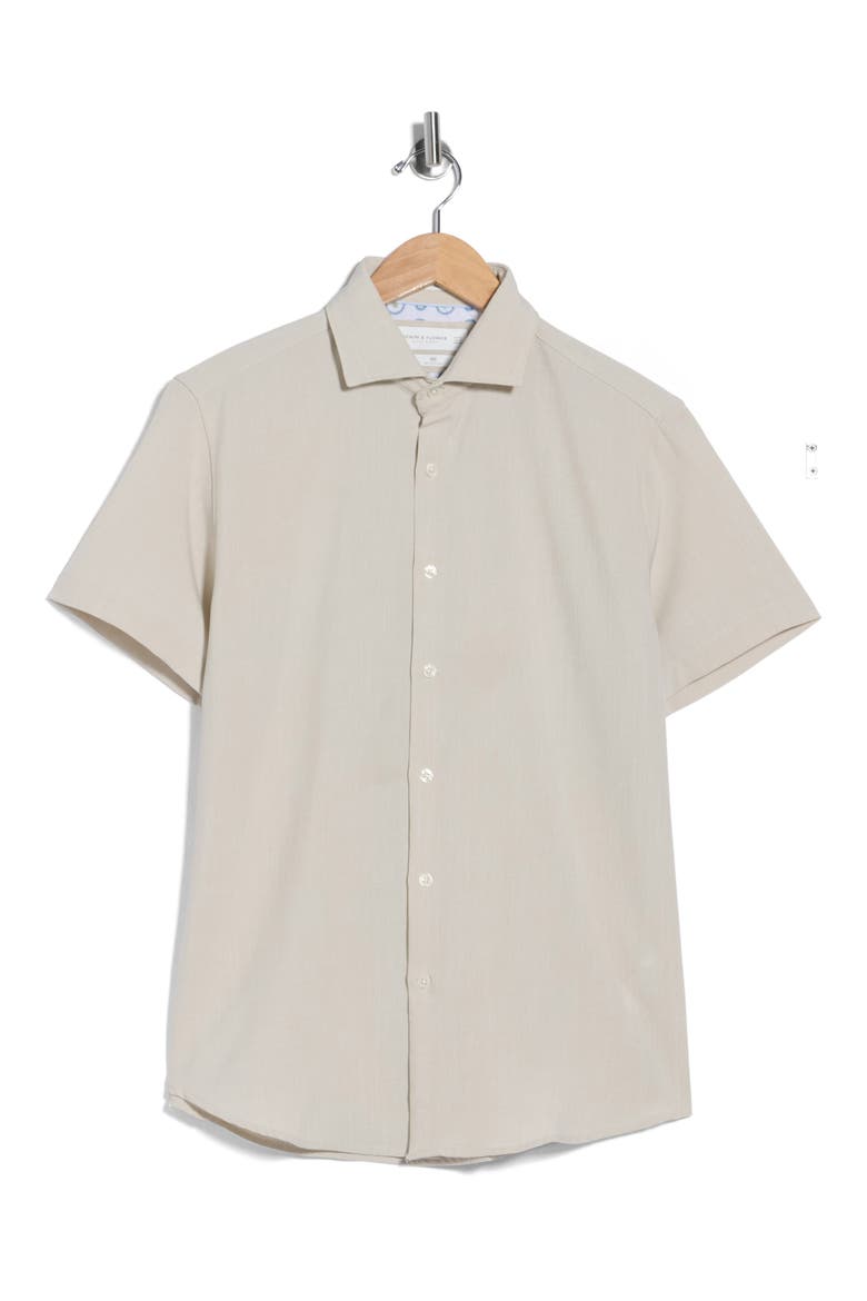 Mélange Short Sleeve Stretch Button-Up Shirt, Alternate, color, BEIGE