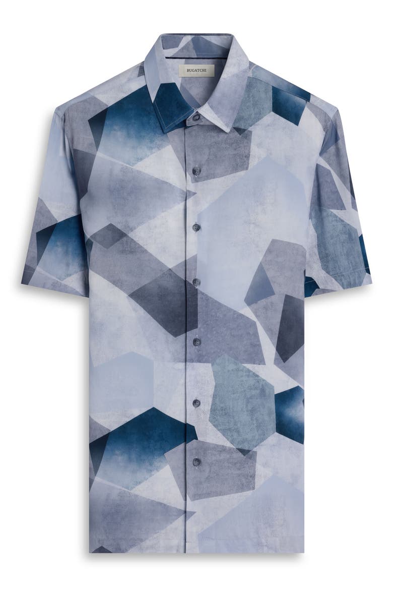 Vero Shaped Fit Abstract Geometric Print Short Sleeve Button-Up Shirt, Alternate, color, HAZY BLUE