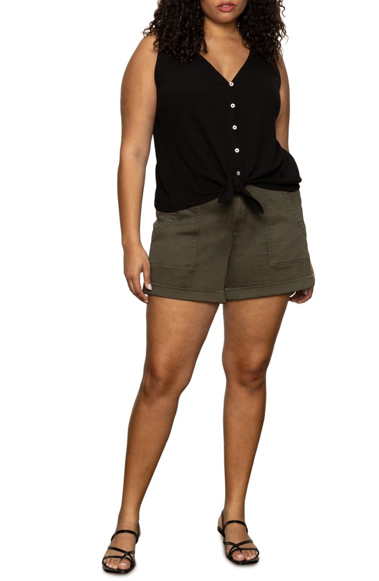 Sanctuary Vacation Textured Tie Front Button-Up Tank, Alternate, color, Black