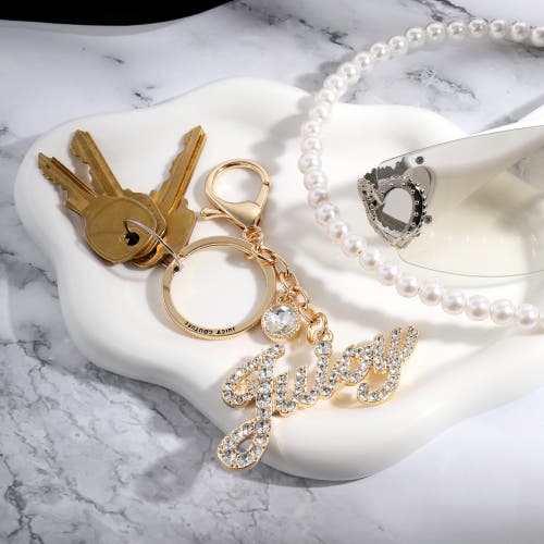 Juicy Couture Crystal Pave "juicy" Script Gold-tone Keychain In Gold