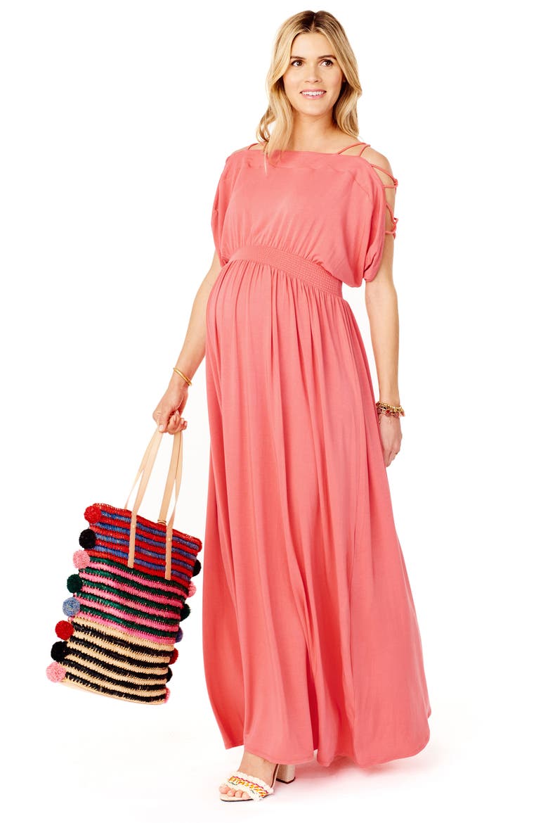 Ingrid & Isabel® Smocked Empire Waist Maternity Maxi Dress, Alternate, color, CORAL
