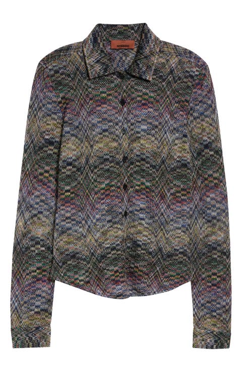Metallic Jacquard Knit Button-Up Shirt