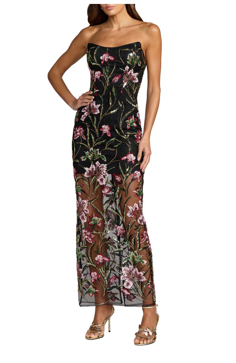 Mac Duggal Strapless Floral Embroidered Column Dress, Main, color, Black Multi