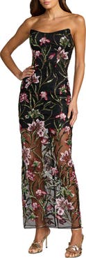 Mac Duggal Strapless Floral Embroidered Column Dress
